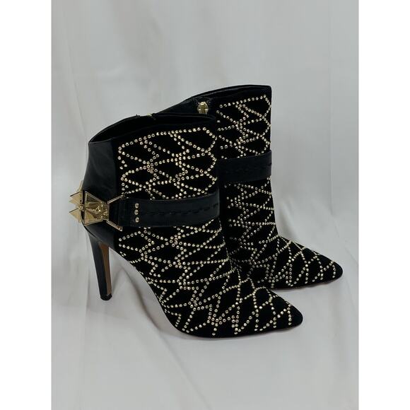 Sam Edelman Mila Bootie Black Gold Studded Ankle Boot High Stiletto Heel 6 - Picture 4 of 7